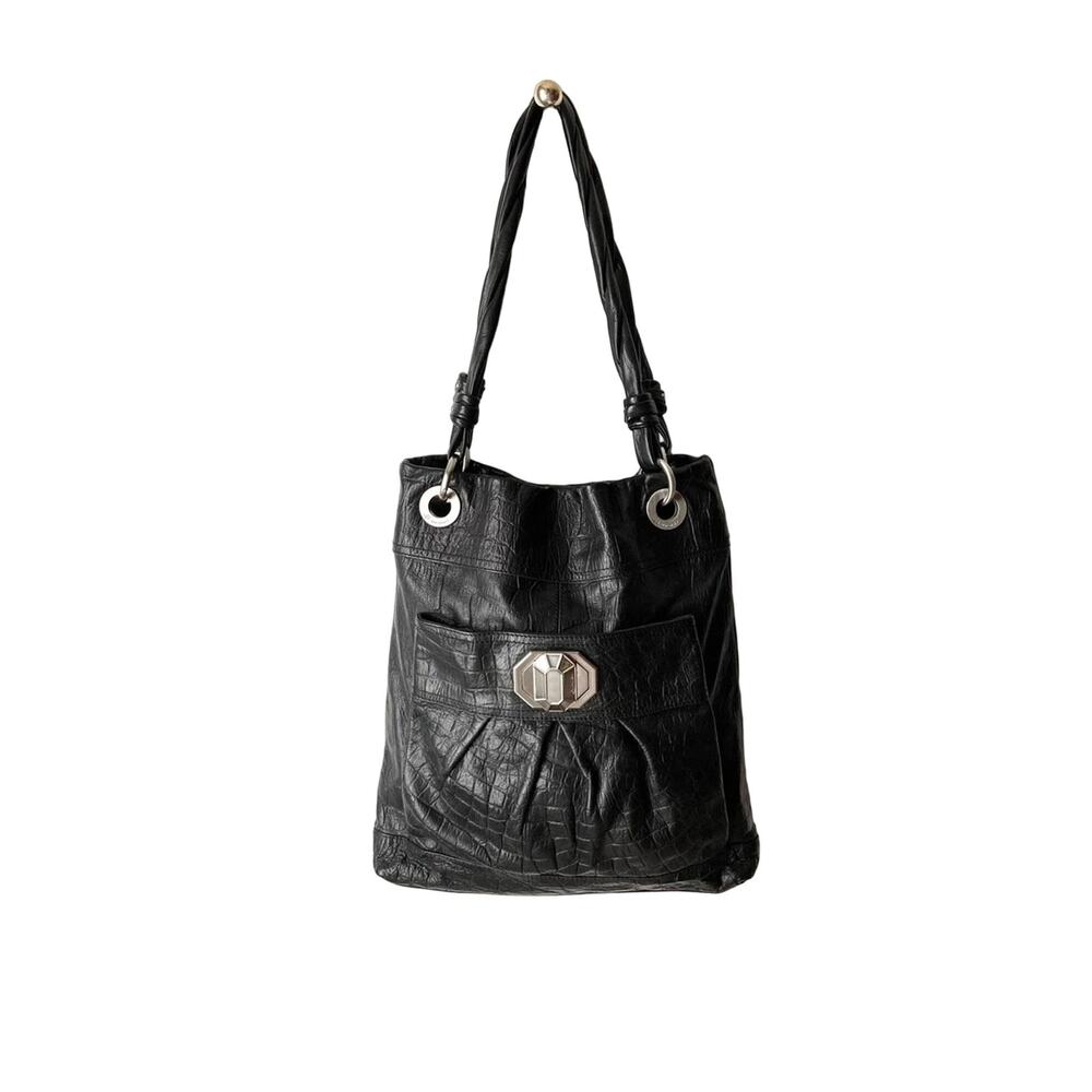 B. Makowsky Black Leather Croc Embossed Tote Purse